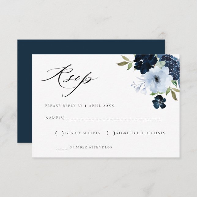 navy and light blue floral RSVP card (Front/Back)