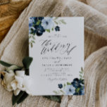 Navy and light blue floral script wedding invitation<br><div class="desc">watercolor navy blue and light blue flowers with a gold frame and elegant text. The colours and text can be personalised.</div>