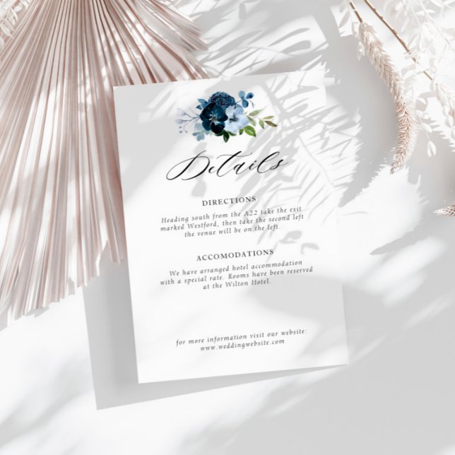navy and light blue floral wedding details card (Creator Uploaded)