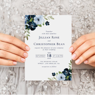 navy and light blue floral wedding invitation