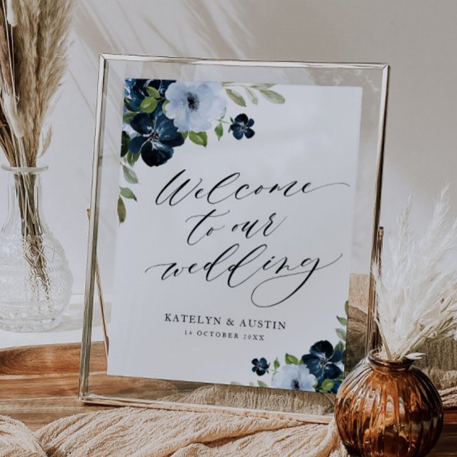 navy and light blue floral welcome wedding sign (Creator Uploaded)