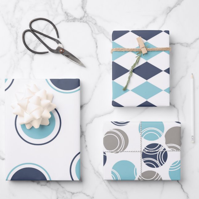 Navy and Light Blue on White Wrapping Paper Sheet (Front)