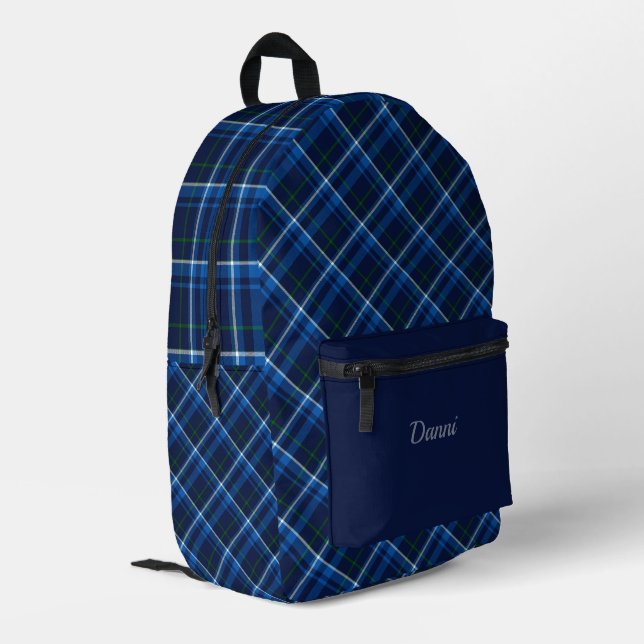Navy and Light Blue Plaid  Printed Backpack (Back Corner Left)