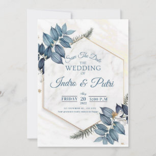 Navy and light blue watercolor floral all in one  Invitation