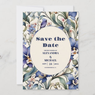 Navy and light blue watercolor floral wedding save the date