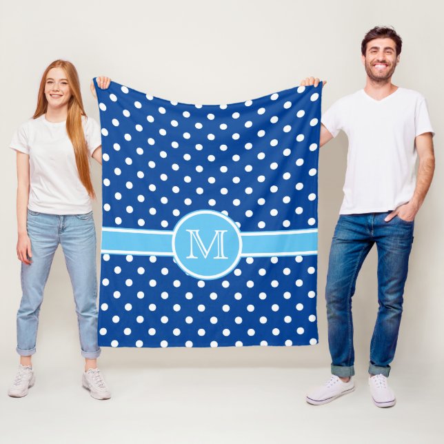 Navy and Light Blue With White Polka Dot Monogram Fleece Blanket (In Situ)