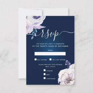 Navy and Lilac Rose Wedding RSVP Card