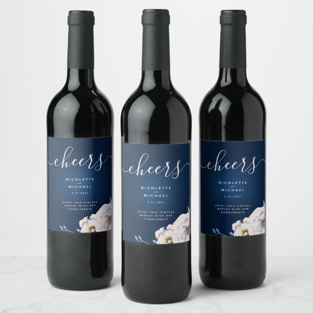 Navy and Lilac Rose Wedding Wine Label (Bottles)