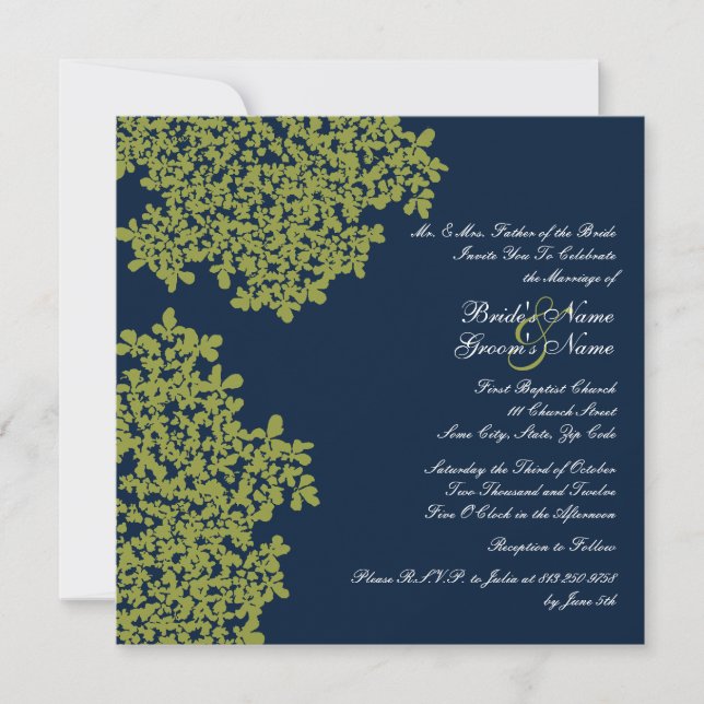 Navy and Lime Floral Square Wedding Invitation (Front)