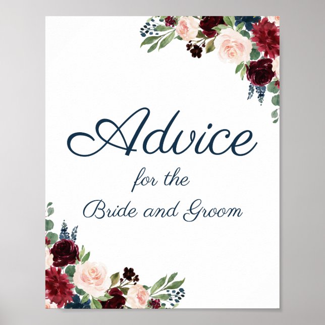 Navy and Marsala Floral Wedding Advice Sign Poster (Front)