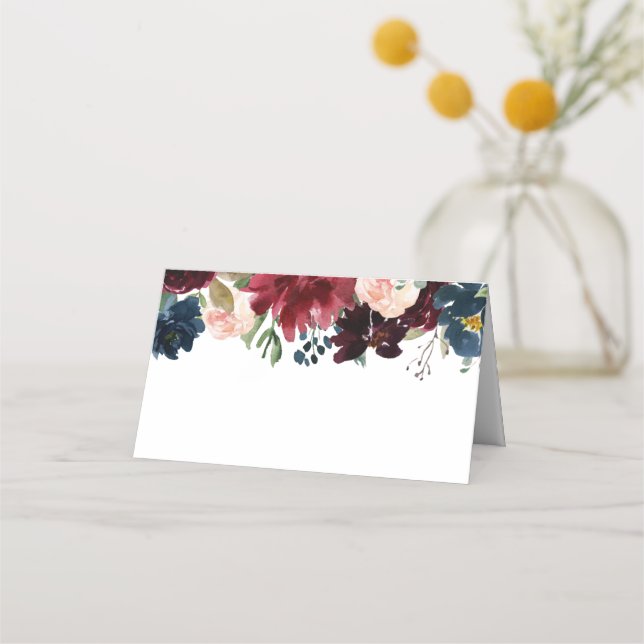 Navy and Marsala Floral Wedding Food Label Cards (Front)