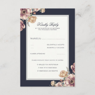 Navy and Mauve Floral Elegant Vintage Wedding RSVP Card