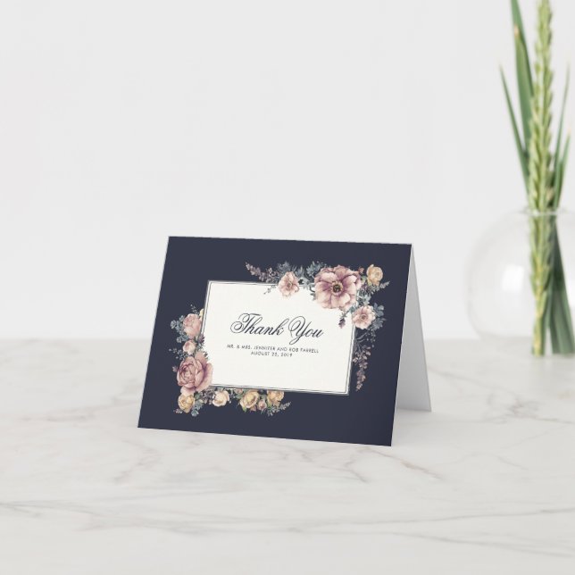 Navy and Mauve Floral Elegant Wedding Thank You Card (Front)