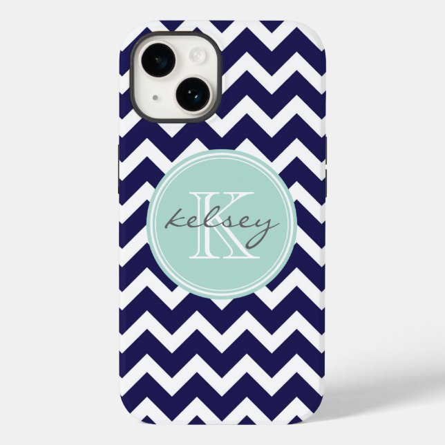 Navy and Mint Chevron Custom Monogram Case-Mate iPhone Case (Back)