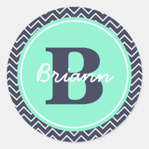 Navy and Mint Chevron, Initial, and Name Classic Round Sticker