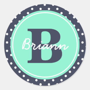 Navy and Mint Dots, Initial, and Name Classic Round Sticker