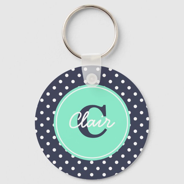Navy and Mint Dots, Initial, and Name Key Ring (Front)