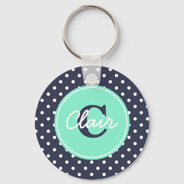 Navy and Mint Dots, Initial, and Name Key Ring (Front)