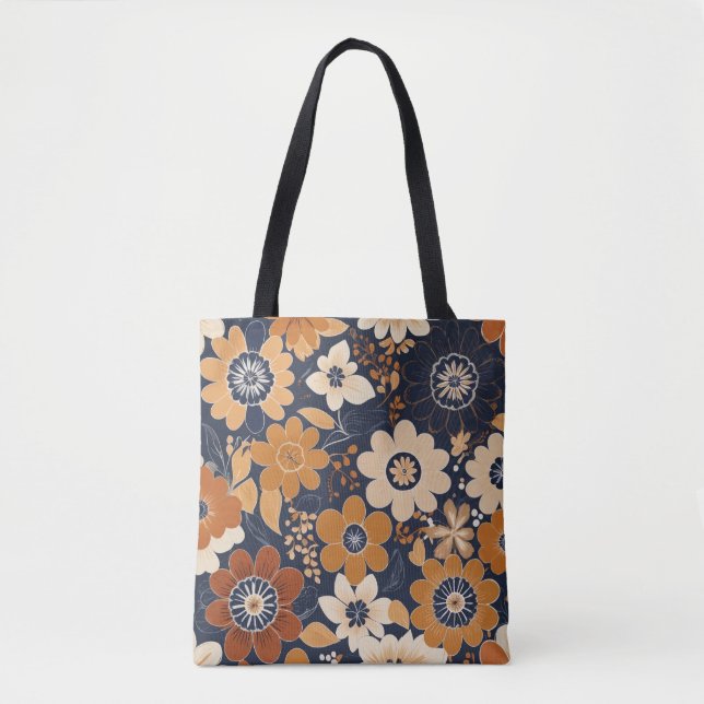 Navy and Mustard Folk Floral Pattern Tote Bag (Front)