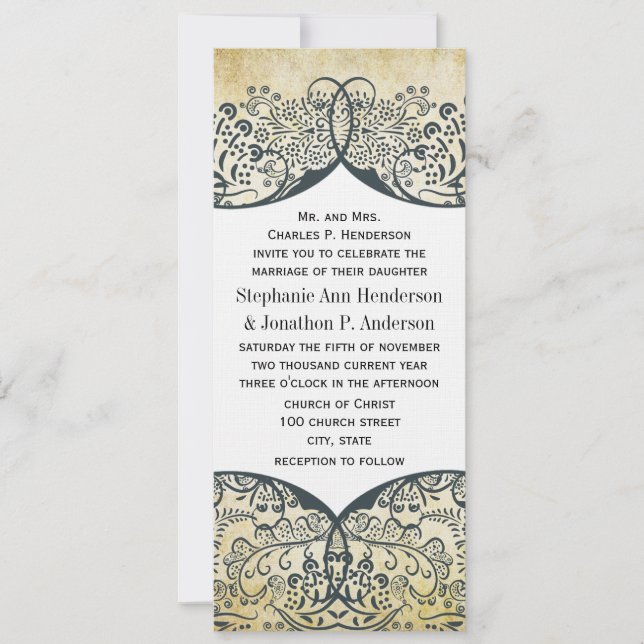 Navy and Mustard Love Bird Paisley Pattern Wedding Invitation (Front)