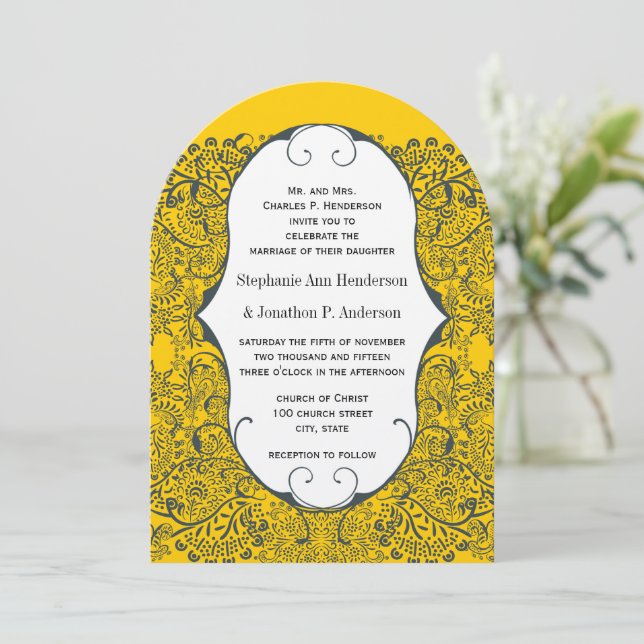 Navy and Mustard Peacock Love Bird Pattern Wedding Invitation (Standing Front)