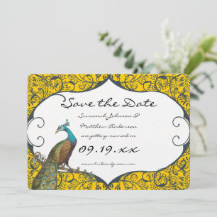 Navy and Mustard Peacock Love Bird Save the Date Invitation