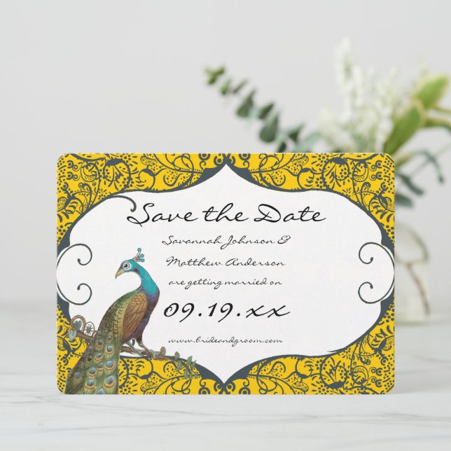 Navy and Mustard Peacock Love Bird Save the Date Invitation (Standing Front)