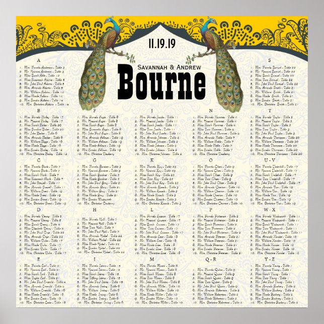 Navy and Mustard Peacock Love Bird Seating Chart (Front)