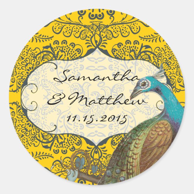 Navy and Mustard Peacock Love Bird Wedding Seal (Front)