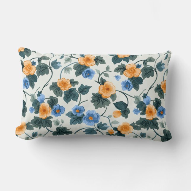 Navy and Orange Botanical Lumbar Cushion (Front)