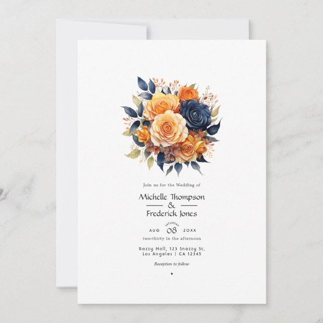 Navy and Orange Floral Wedding Invitation (Front)