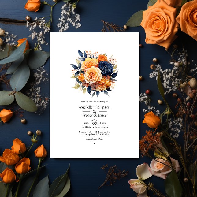 Navy and Orange Floral Wedding Invitation (Creator Uploaded)