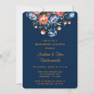 Navy and Orange Peony Bridesmaids Luncheon Invitation