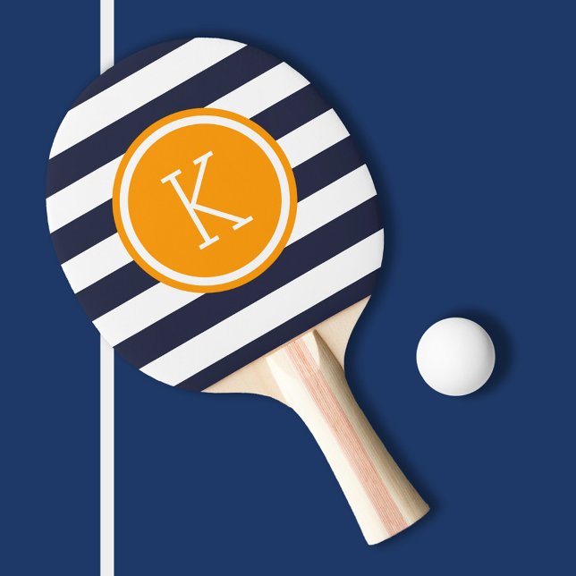 Navy and Orange Preppy Stripes Monogram Ping Pong Paddle (Creator Uploaded)