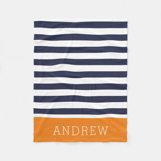 Navy and Orange Stripes Monogram | Editable Colour Fleece Blanket (Front)