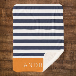 Navy and Orange Stripes Monogram   Editable Colour Sherpa Blanket