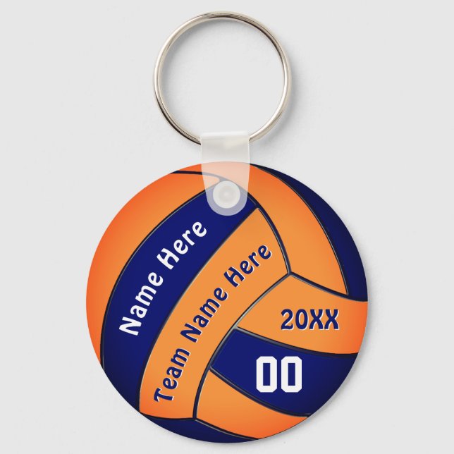 Navy and Orange Volleyball Gifts with 4 Text Boxes Key Ring (Front)