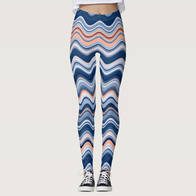 Navy and Orange Wavy Stripes Leggings (Front)