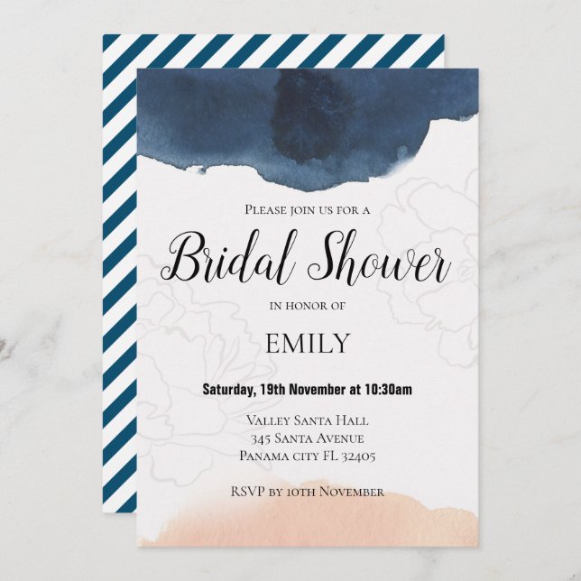 Navy and Peach Bridal Shower Invitation (Front/Back)