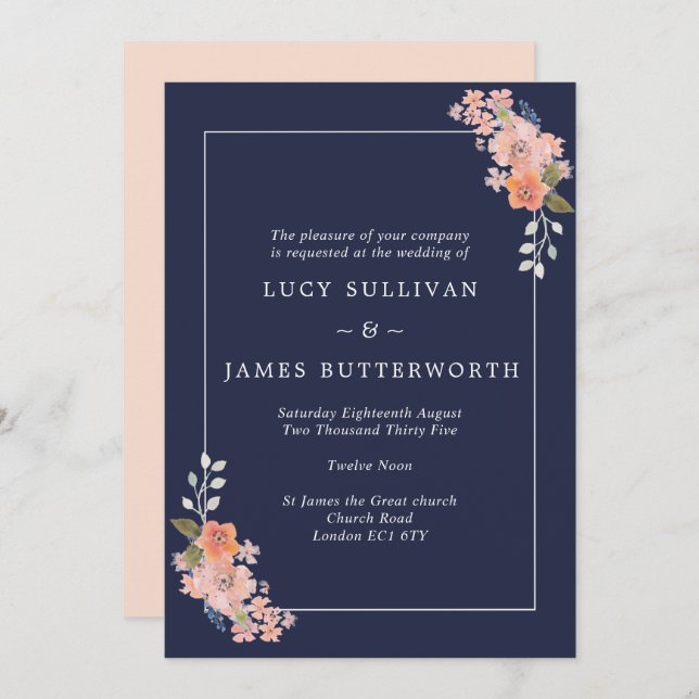 Navy and Peach Floral Frame Wedding Invitation (Front/Back)