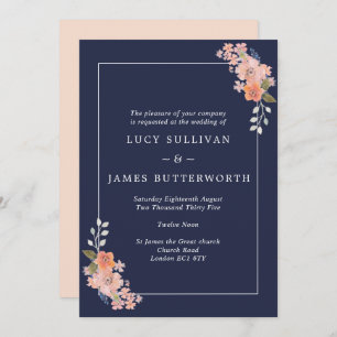 Navy and Peach Floral Frame Wedding Invitation