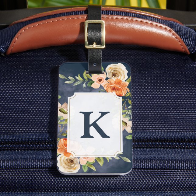 Navy and Peach Floral Monogram Luggage Tag (Front Insitu 2)
