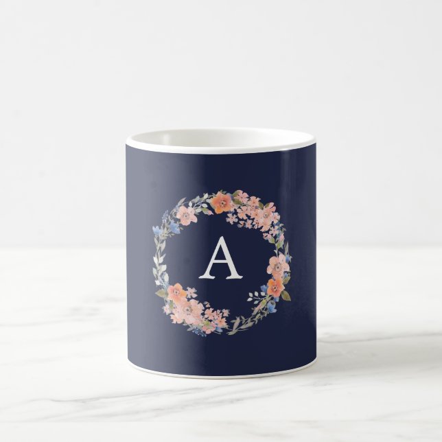 Navy and Peach Floral Wreath Monogram Mug (Center)