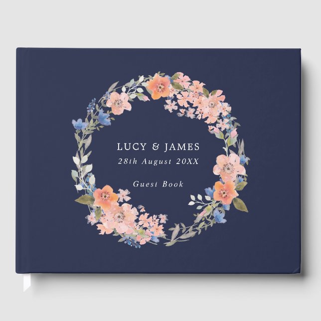 Navy and Peach Floral Wreath Wedding Guest Book (Front)