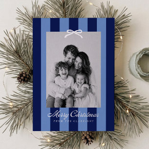 Navy and Periwinkle Striped Bow One Photo  Foil Holiday Card