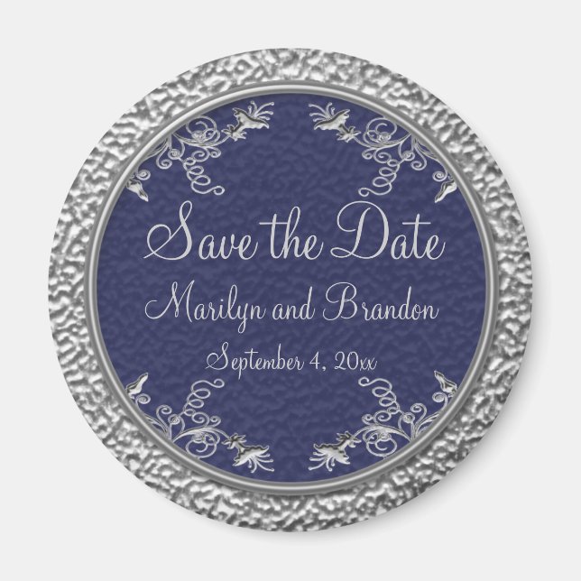 Navy and Pewter Save the Date Magnet (Front)