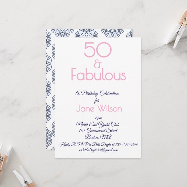 Navy and Pink 50th Birthday Invitation (Front/Back In Situ)