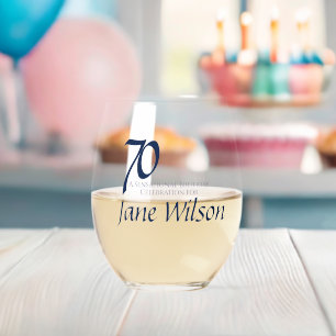 Navy and Pink 70th Birthday Party Collection Stemless Wine Glass