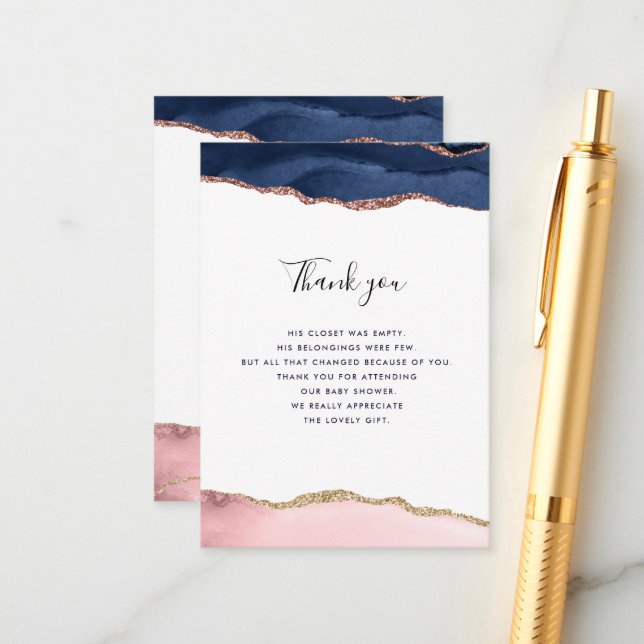 navy and pink agate baby shower thank you card (Front/Back In Situ)