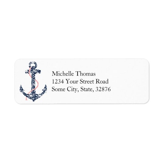 Navy and Pink Anchor Beach Wedding Return Address Label